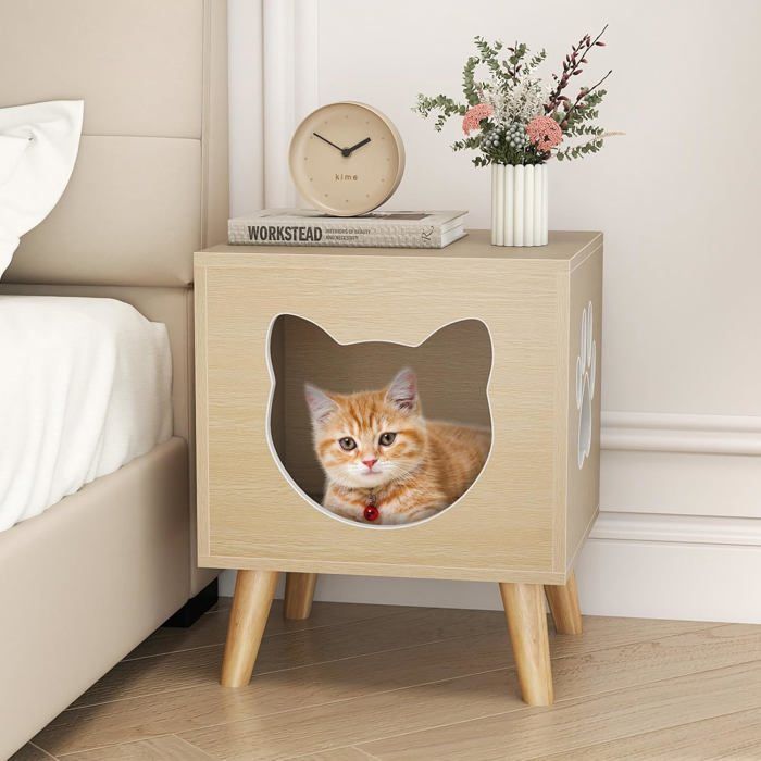 GIANTEX Niche Chat en Bois Intérieur 45 x 40 x 54 CM Maison pour Chat avec Plateau Grand Amovible  Charge 30KG Naturel
