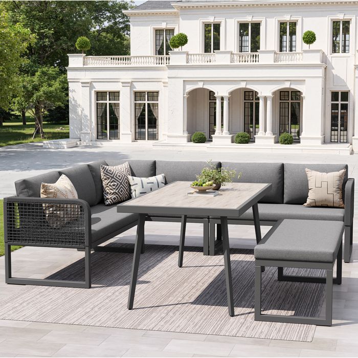 Salon de jardin d’angle modulable EVRYAE 6 à 8 personnes avec table et banc en résine tressée gris
