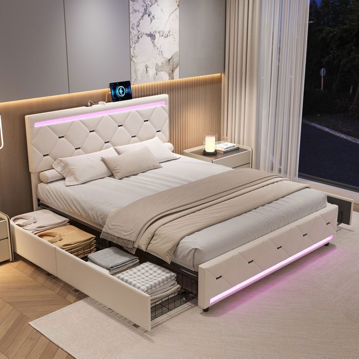 Lit Double 140x190 cm avec 4 Tiroirs LED RGB USB-C Tête Capitonnée en Velours Blanc Cassé Sommier à Lattes