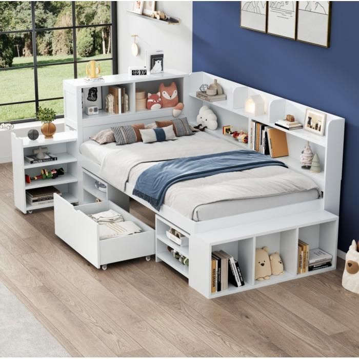 Lit enfant multifonction blanc avec rangements tiroir et bibliothèque