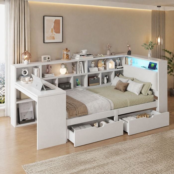 ULEVR Lit en L 90 x 200 cm blanc avec bureau intégré bibliothèque ouverte tiroirs et LED