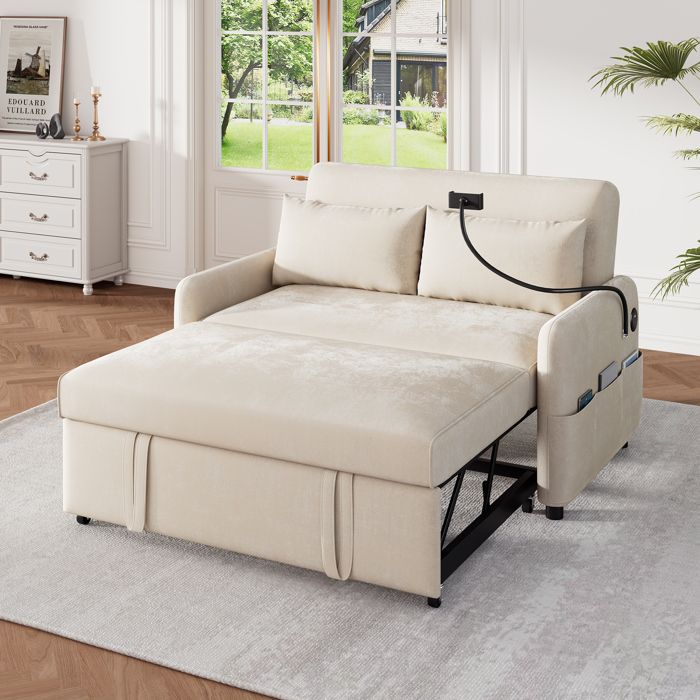 Canapé-lit convertible - KOMHTOM - 129x76x81 cm - 2 places - Beige - Porte-téléphone USB