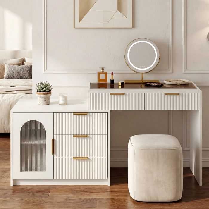 Coiffeuse avec Miroir -Dressing Table de Maquillage -Étagère de Rangement -5 Tiroirs -2 Compartiments avec Porte-(sans Tabouret)