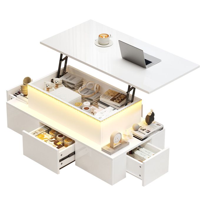 Table Basse Relevable avec 4 Tiroirs Rangement Caché Étagère et LED - MEUNIQ - MDF Blanc Brillant 100×50×40 cm