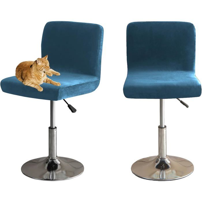 Housses De Chaise De Bar avec Dossier Élastique Velours Tissu Housses De Tabouret De Pub Amovible Courte Arrière - Bleu - 2 Pièces
