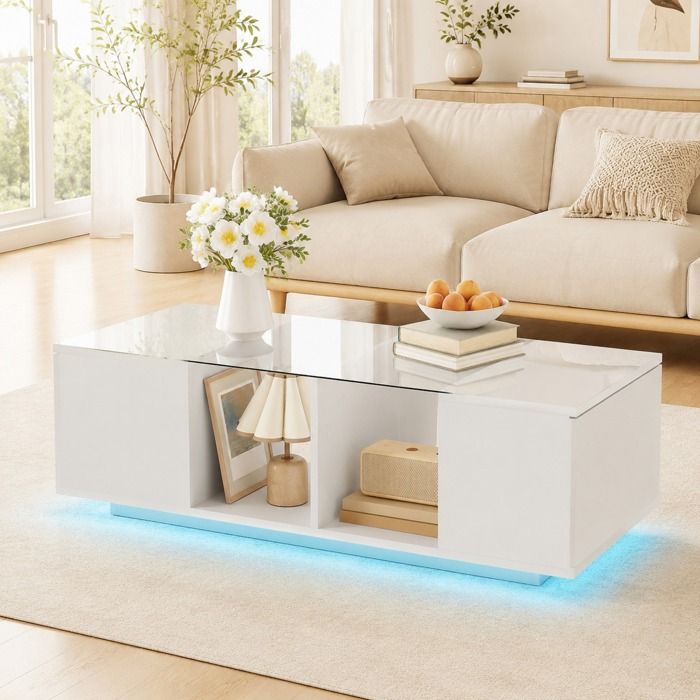 Table basse LED – blanc brillant – verre – 120 x 50 x 385 cm