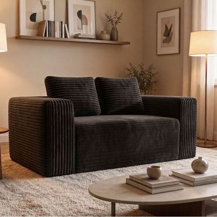 Canapé 2 places compressé sans assemblage en velours côtelé noir assise profonde mousse haute densité 160x88x58 cm