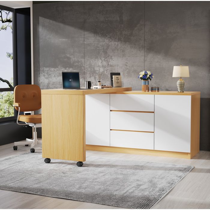 Bureau pliable rotatif 360° 120 x 50 x 765 cm avec rangement 2 portes 3 tiroirs roulettes avec frein blanc chêne