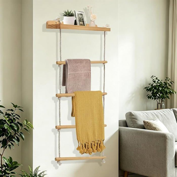 Porte Serviette en Bois 5 Niveaux2 en 1 Porte Torchon Cuisine MuraleÉchelle Porte CouverturesEchelle Decorative Bois