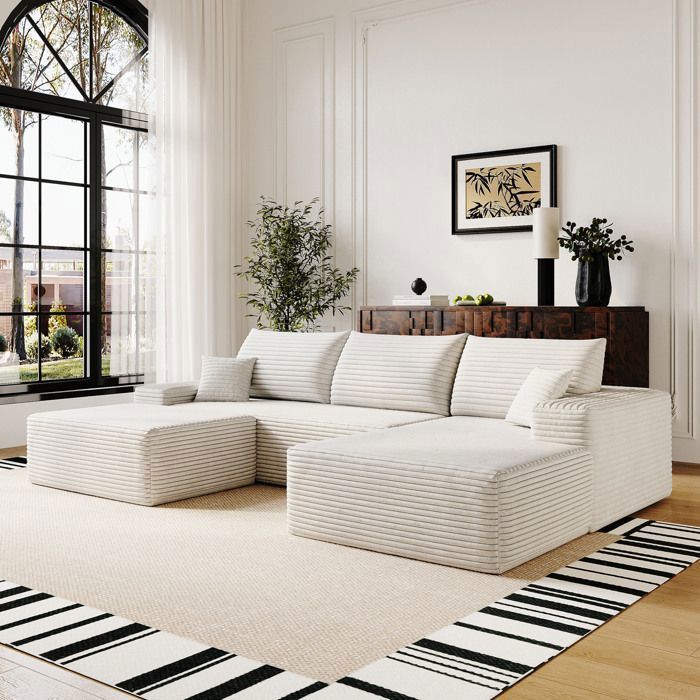 Canape d angle modulaire compresse 270 cm avec chaise longue en L sans montage assise profonde velours cotele blanc