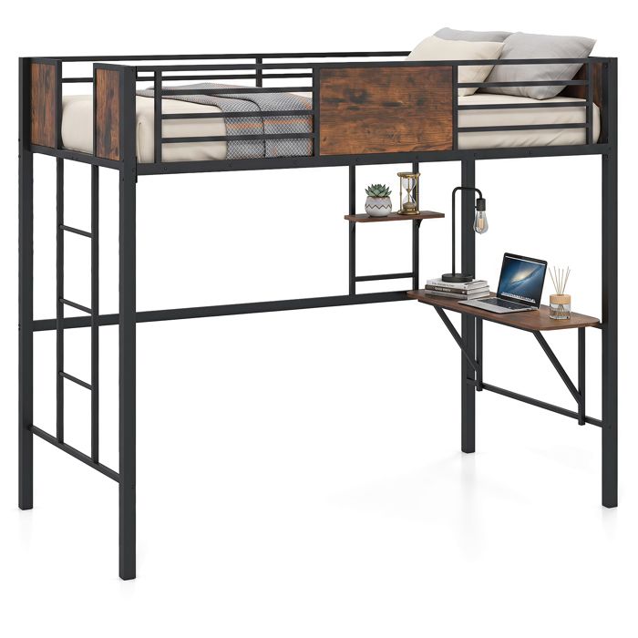 Structure de Lit 90x200cm en Métal COSTWAY Échelle 3 Marches Lit Mezzanine à Lattes Bureau Garde-Corps Enfant Adolescent Adulte