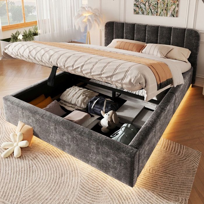 Lit coffre Norevia 140x200 cm lit capitonné gris anthracite avec éclairage LED et sommier à lattes
