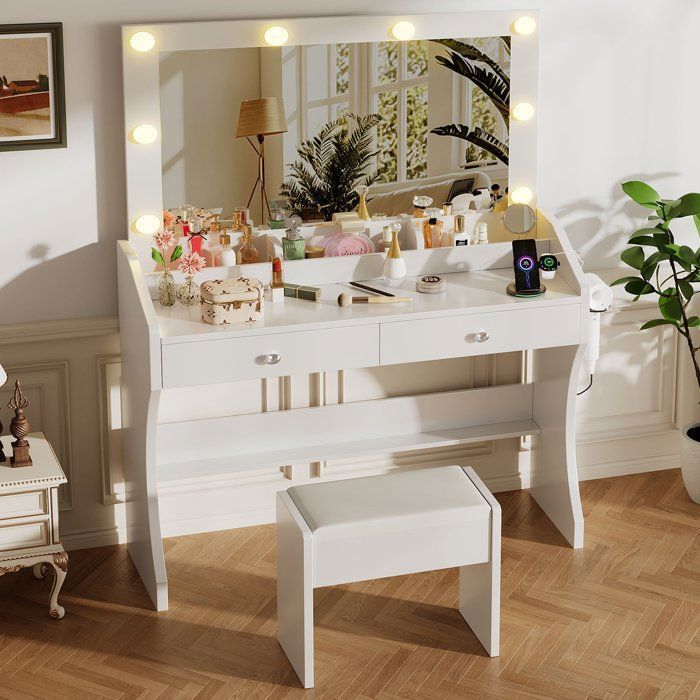 MIRALONO Coiffeuse avec Miroir LED 8 Lampes Lumière 3 Couleurs Rangement Prise USB Sèche-Cheveux Tabouret 80x40x138 cm Blanc