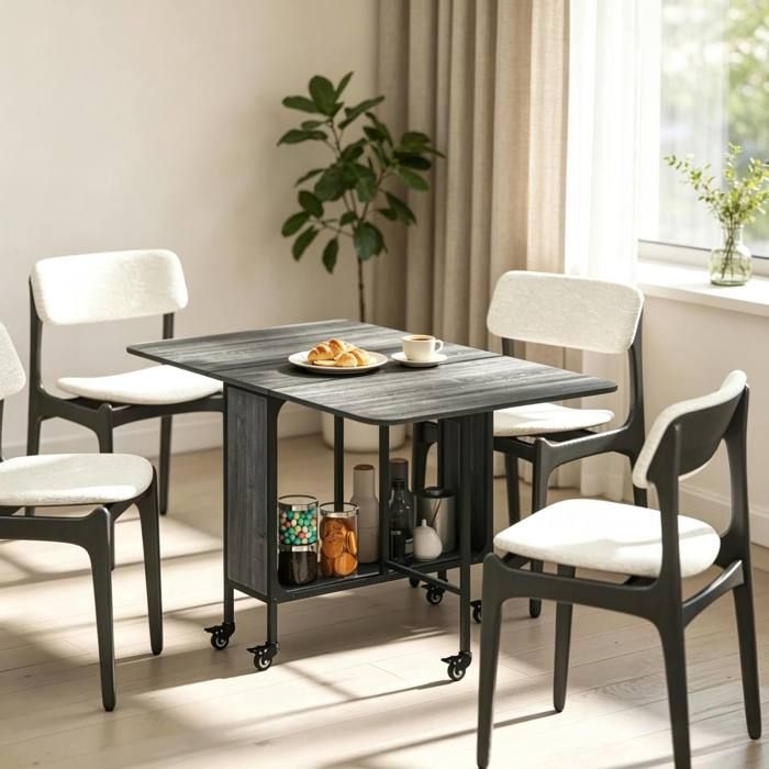 ROVRYN Table à manger pliable extensible à roulettes avec étagère grise 130 x 80 x 74 cm
