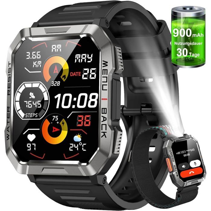 Montre Connectée Militaire Hommes Autonomie 100 jours Lampe de Poche LED Appels Bluetooth Suivi dactivité 100+ Modes Sportifs
