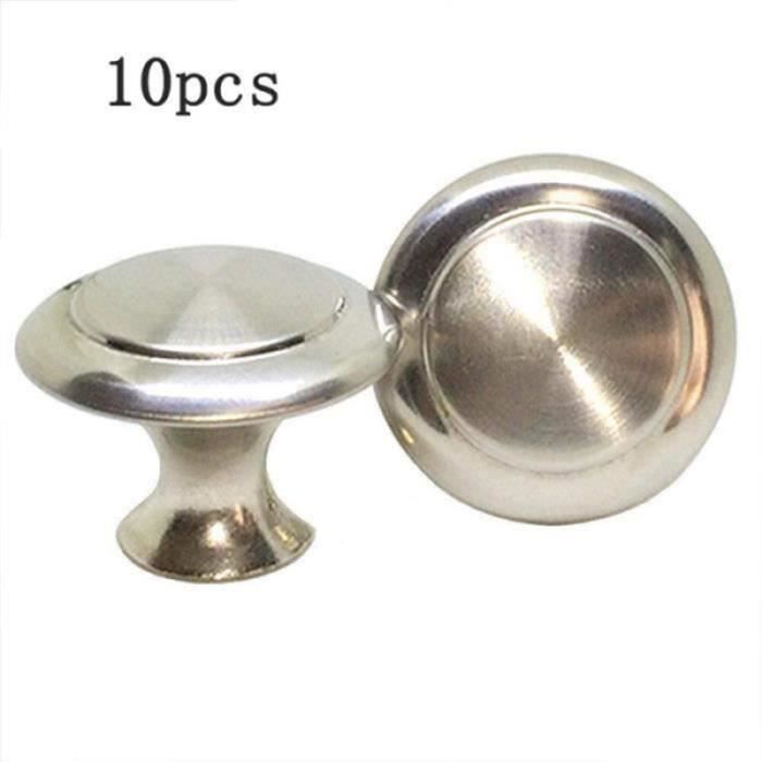 10x Bouton de Tiroir Metal Boutons de Porte de Placard de Cuisine en Aspect Inox Satiné Ronde Argent Poignée de Meuble