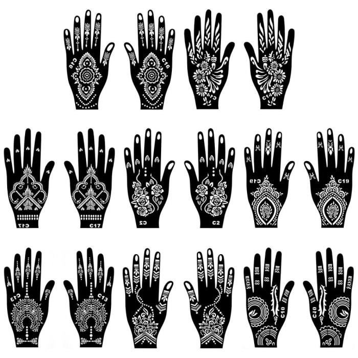 16 Feuilles Pochoirs pour tatouages au henné,Kit de Pochoir de Tatouage au Henné Ensemble,Pochoirs de Tatouage d'art Corporel
