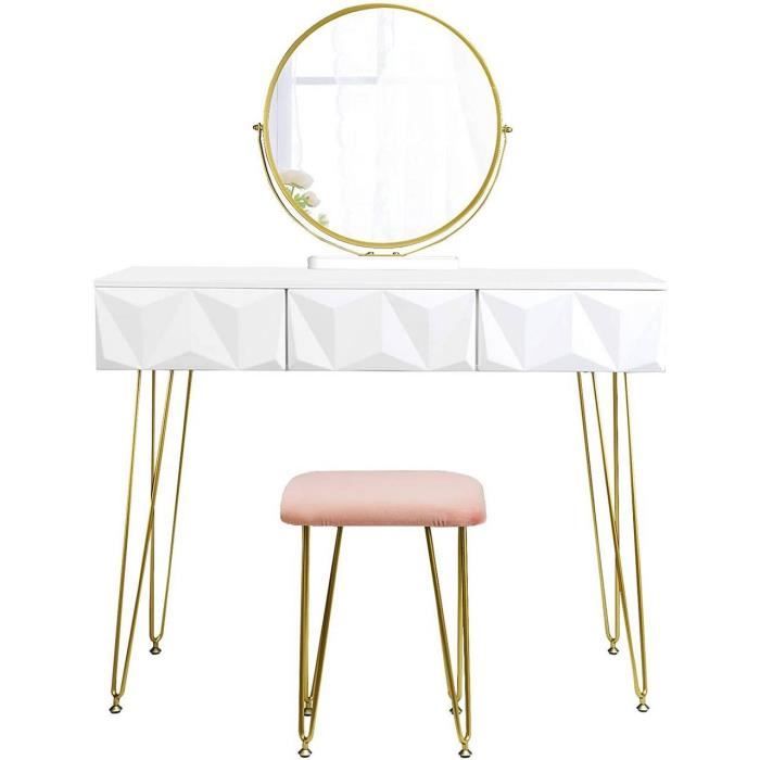 coiffeuse - marque - moderne 100 cm - blanc doré - 3 tiroirs - miroir pivotant