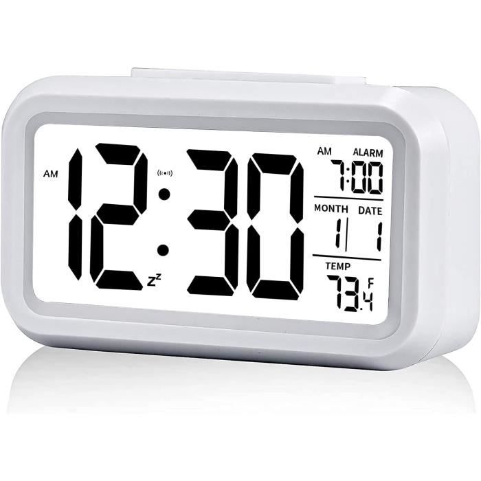 Réveil de voyage blanc, horloge numérique LCD portable, affichage