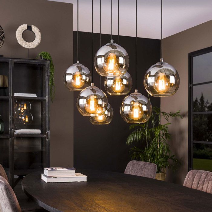 Suspension 7 lampes rondes 110x40x150 cm en verre fumé gris - AMP