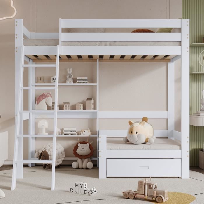lit superposé avec étagères et canapé, lit en bois avec tiroirs, berceau avec échelle à cinq marches,, blanc, 90x200 cm