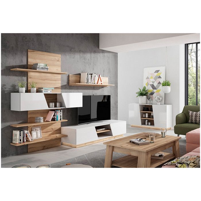 Ensemble meuble TV paroi murale blanc et aspect chêne clair avec LED - NOVA Ensemble meuble TV paroi murale blanc et aspect chêne clair avec LED - NOVA