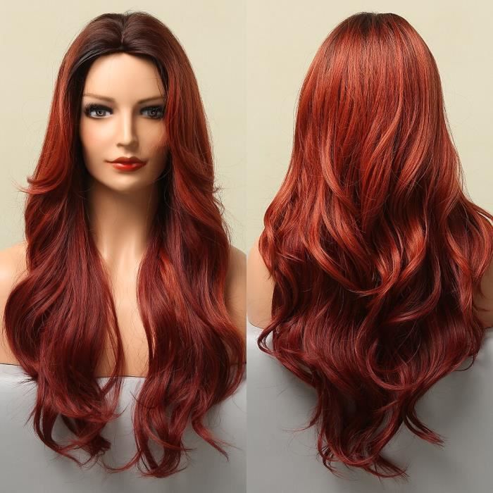 Perruque Synthétique Longue Lisse Dégradé Rouge Avec Frange - Bonnet Monofilament Inclus - Neuf Sans étiquettes
