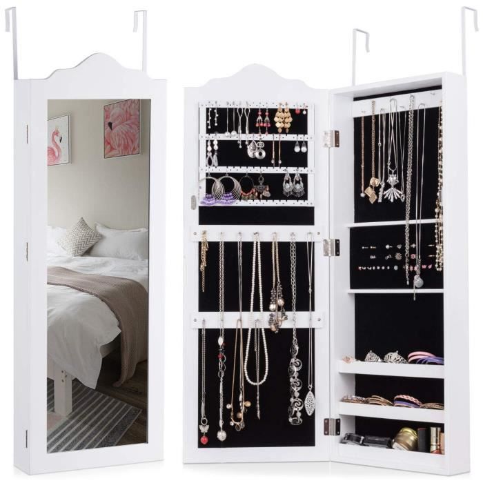 costway armoire à bijoux avec miroir blanc, armoire de rangement pour les bijoux en mdf-adapté au salon, à la chambre - 96x35x9,7cm