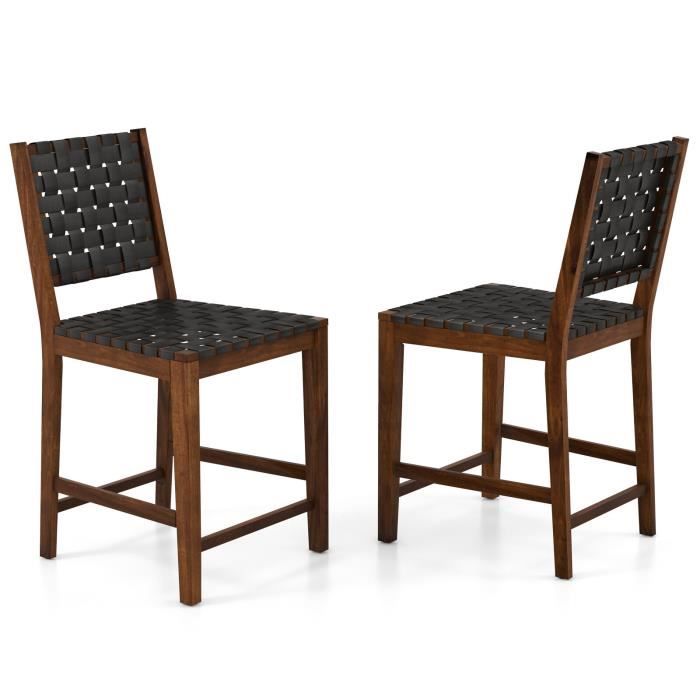 costway lot de 2 chaises de bar tissés de 61 cm, sangles en simili cuir pu, cadre en bois massif, pour salle à manger, restaurant