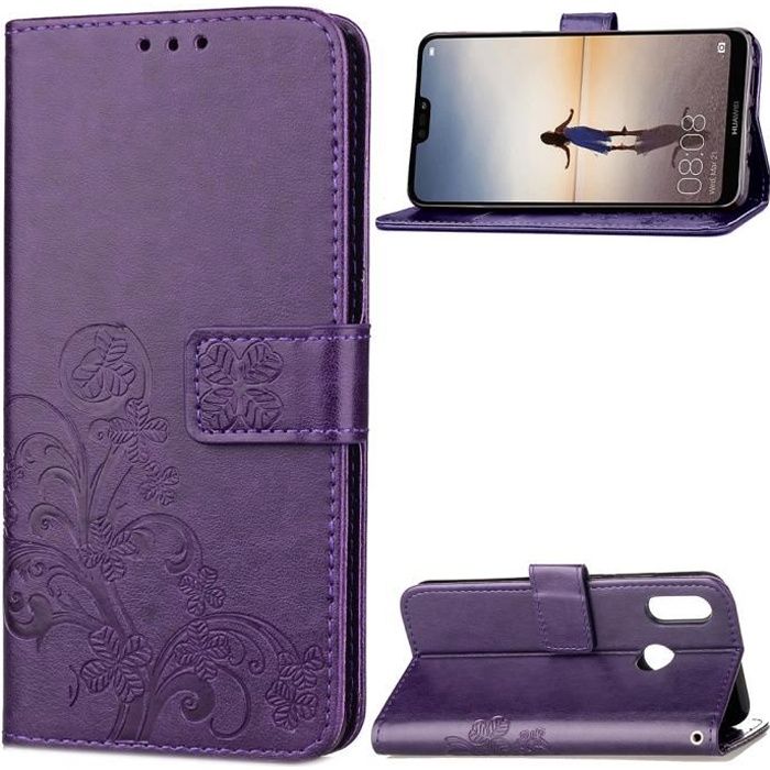 Étui HUAWEI P20 Lite Smartphone – Imprimé Fleur Arbre Cuir Coque Portefeuille Support Case Pochette Housse Huawei P20 lite – Violet