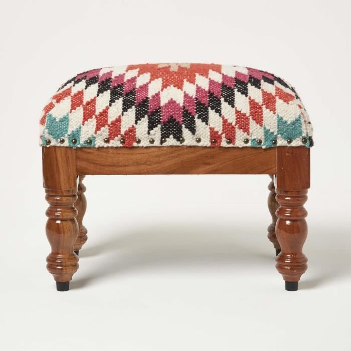 repose-pieds en laine kilim manila - homescapes - orange - 50x30x40cm - motif géométrique multicolore