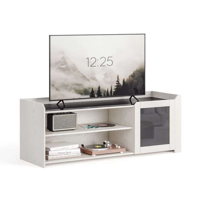 meerveil meuble tv, avec 1 porte et 2 étagères de rangement, verre trempé moderne, pour un téléviseur de 55 pouces, blanc crème