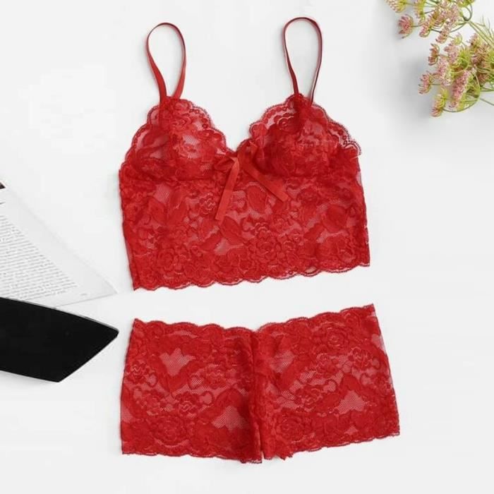 Robe de chambre Culotte de soutien gorge en dentelle sexy pour femmes Lingerie Pyjama Camisole Pyjama Set Rouge Rouge Cdiscount Pret a Porter