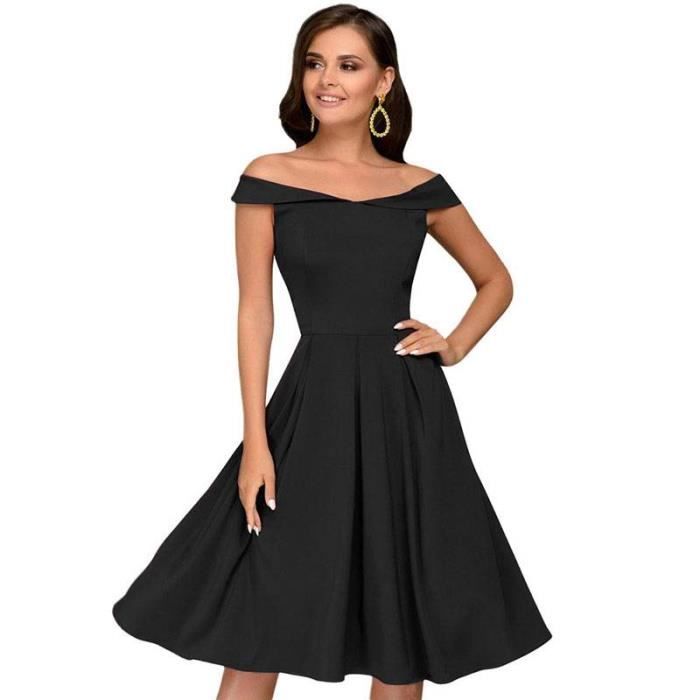 Robe De Ceremonie Soiree Femme Mi Longue Col Bateau Epaule Nue