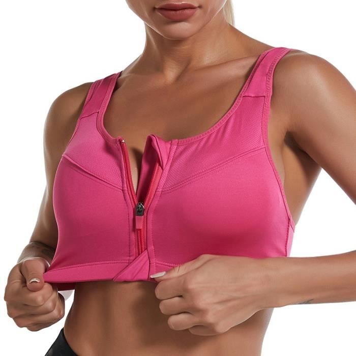 Brassière de sport Soutien-gorge Push-Up à fermeture éclair pour femme sous-vêtements de sport yoga course à pied- style1-rose red