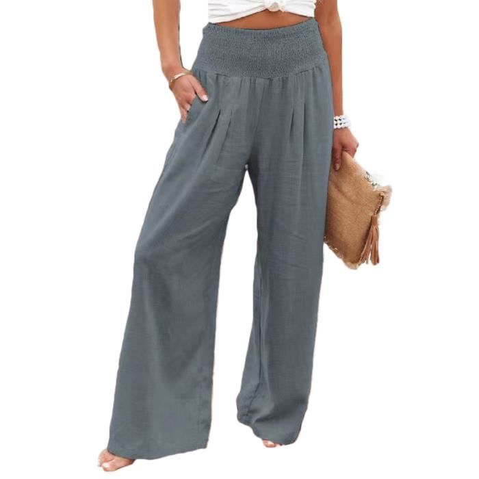 Pantalon Femme Lin Taille Haute Elastique Pantalon Large Chic Et Elegant Pantalon Fluide Pantalon de Travail Leger Gris Gris Cdiscount Pret a Porter