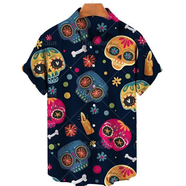 Chemise Homme Décontractée WAZHAKU à Imprimé 3D Tête De Mort Rose - Manches Longues, Col Montant, Style Vintage/Hawaïen - Pour Carnaval, Plage, Fête