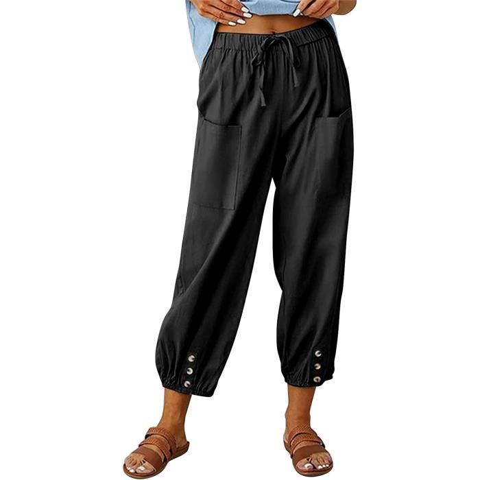 Pantalon Lin Femme Pantalon Fluide Femme eTe Taille eLastique avec Cordon De Serrage Pantalon Coton Femme Dames DeContracteEs Noir Noir Cdiscount Pret a Porter