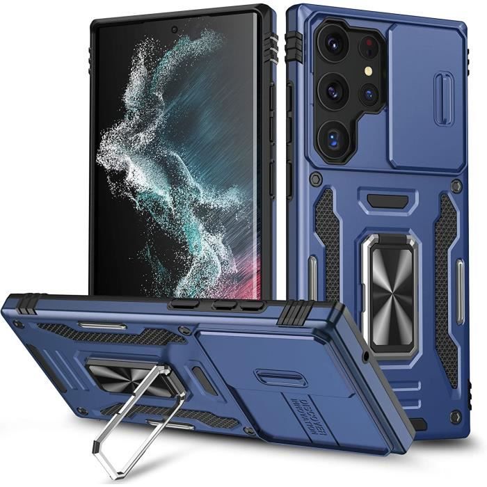 Coque Samsung S23 Ultra 5G Coque avec Couvercle de l'appareil Photo Coulissant & Anneau Rotatif à 360 °,Téléphone Protection (Bleu)