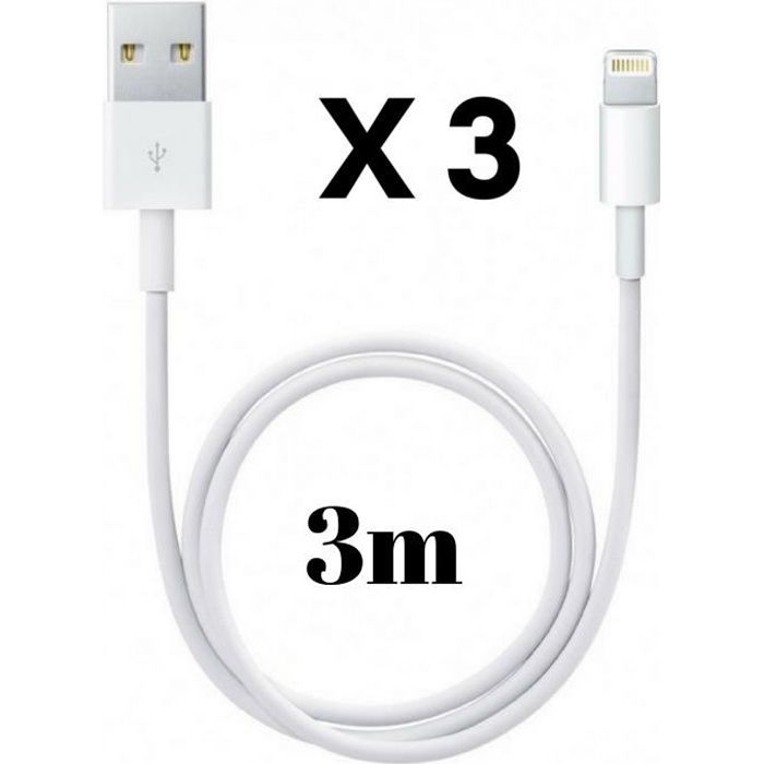 Lot 3 Cables 3 Metres Blanc pour iPhone 11,11 PRO,11 PRO MAX,X,XS,XS MAX,  XR,8,8 PLUS,7,7 PLUS,6,6 PLUS,5,5S,SE[Phonillico®] - Cdiscount Téléphonie