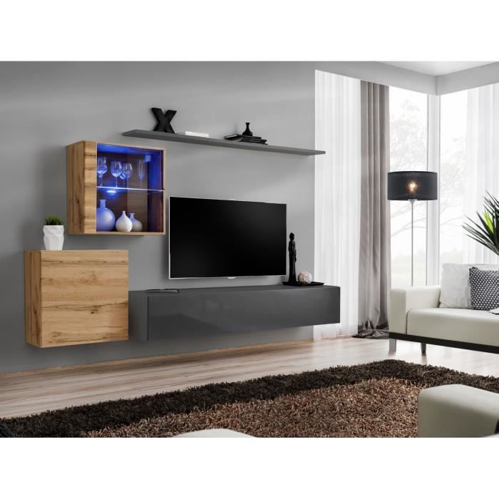 ensemble meuble salon mural switch xv design, coloris gris brillant et chêne wotan. 40 gris