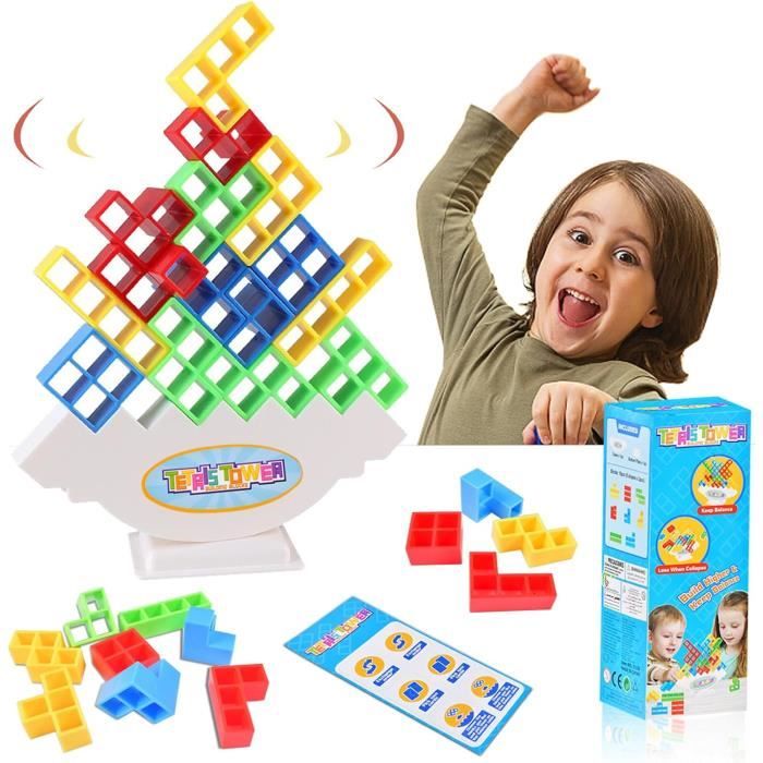 JurciCat – Jeu D’empilage Tetris Tower – 48 Blocs + Base + 22 Cartes – Équilibre Et Coordination – Dès 3 Ans
