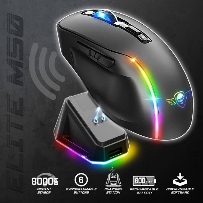 Souris sans fil avec socle de recharge – Noir – Gaming – ELITE-M50 – LED – Personnalisable – Boutons programmables