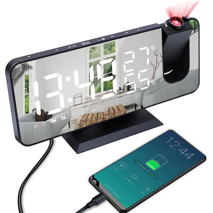 Réveil Projecteur Plafond - Heure Et Température Projetées - Radio FM, USB, Batterie De Secours - Affichage LED