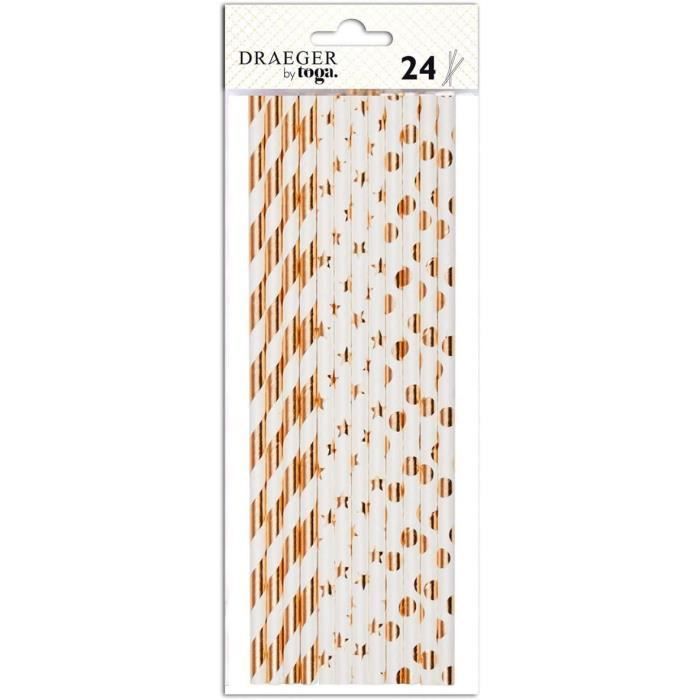 Pailles Fantaisie Draeger Paris - Lot De 24 - Bois Or - 19,5cm - 3 Designs - Pour Fête Décoration