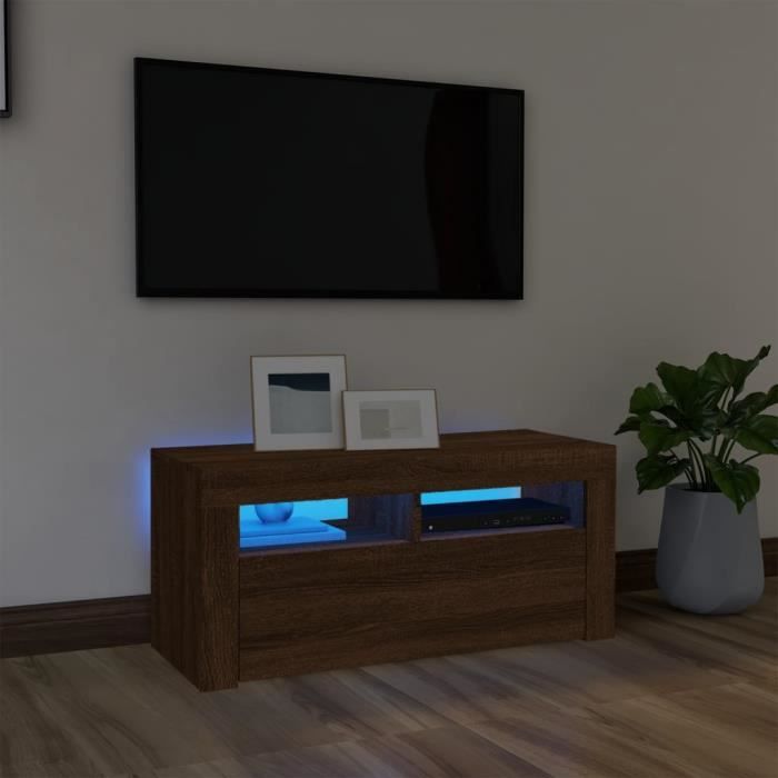 "sale 2024" meuble tv avec lumières led jms - banc tv chêne marron 90x35x40 cm 18,2,kg 9561