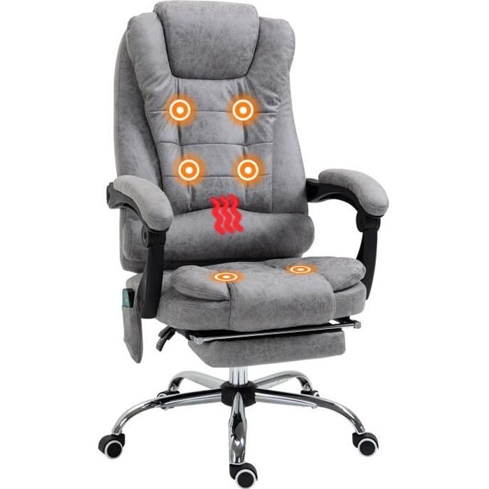 Vinsetto Fauteuil chaise de bureau massant chauffant inclinable avec repose- pieds intégré 5 roulettes gris