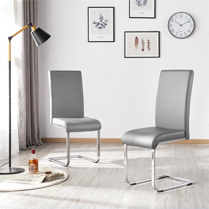 Lot de 2 Chaises de Salle à Manger-Chaises en Similicuir PU-Pied en métal-Haut Dossier pour Cuisine Moderne Gris Clair YAHEETECH