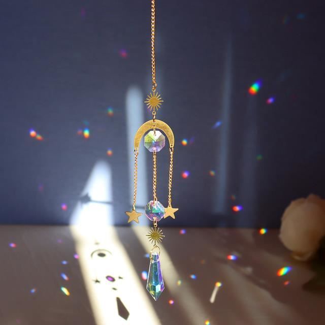 Attrape-soleil en cristal, carillon éolien, pendentif lune, fait à la main, attrape-soleil arc-en-ciel, décoration de fenêtre de jardin, lustre