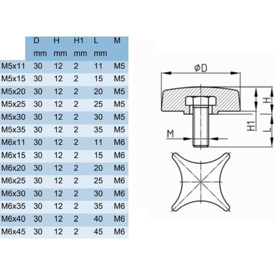 Filetage M6 x 30 mm lot:20 Stück Vis de serrage Poignée étoile Diamètre Ø25 mm Quantité sélectionnable 